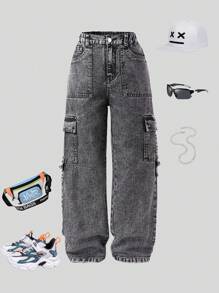 SHEIN 大童弹力腰复古街头时尚多口袋侧面 D 形环装饰黑色牛仔工装裤 - 黑色 - 查看 4