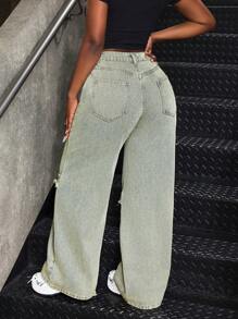 SHEIN SXY Vintage zniszczone szerokie nogawki luźne krój casualowe damskie jeansy, wiosna/jesień nowości - Niebieski - Zobacz 2