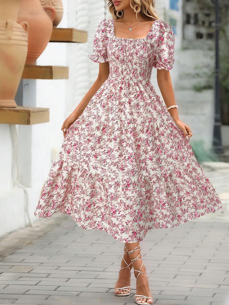 Breezaya Vestido informal de largo midi con estampado integral, cuello cuadrado y mangas cortas para mujer - Rosa - Ver 1