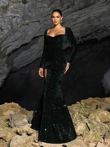 Faeriesty Elegant Sweetheart Neck Split Thigh Sequin Party Dress & Evening Gown - Dark Green - View 7
