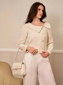 RueChic Urban Style Double-Breasted Sailor Neck Women's Tweed Jacket - Champagne - View 3