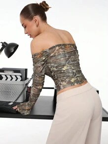 Aloruh Elegant Off Shoulder Fitted Flared Sleeve Vintage-Style Printed Mesh Blouse - Grey - View 6
