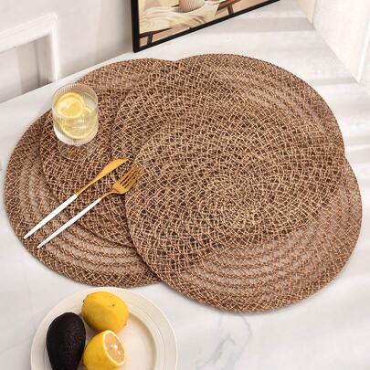 Cirelle 4pcs/Set Straw Placemat, Creative Khaki Round Woven Table Mat For Dining Table, Kitchen Use, Rama Kitchen Essentials, Party Use, Family Dining, Afternoon Tea Use