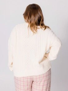 Aralina Curve Cozy Knitted Ivory Cable Crewneck Plus Size Sweater