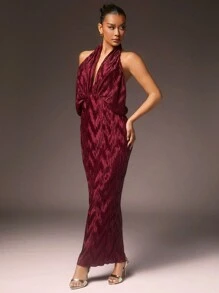 L'Amorae 女士服装，优雅酒红色褶皱缎面露背连衣裙，露背领口，纯色，女士连衣裙，舞会礼服，派对女士连衣裙，婚纱，优雅女士连衣裙，红色连衣裙，情人节连衣裙，正式女士连衣裙。适合约会之夜、音乐会、演出、婚礼、派对、晚会