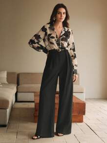 Anewsta Ladies' Autumn Woven French Jacquard Printed Black Apricot Versatile Long Sleeved Shirt Elegant, Casual, Vacation, Spring - Black - View 3