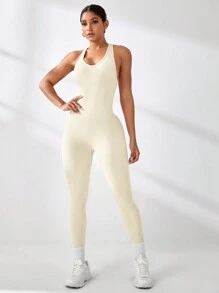 SHEIN Sports 女士纯色露背交叉带性感运动连体裤 - 白色 - 查看 3