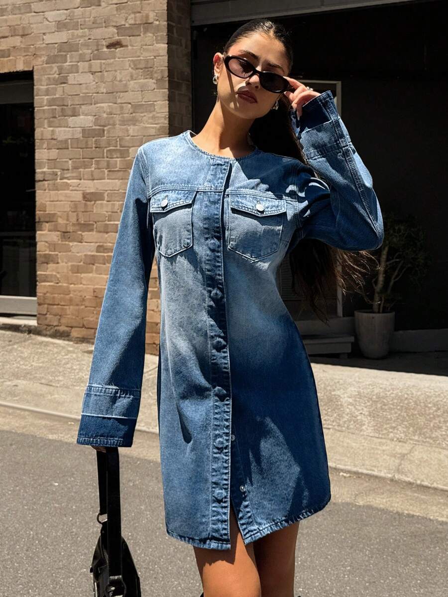 Forever 21 Women's Front Button Long Sleeve Pocket Casual Short Denim Dress