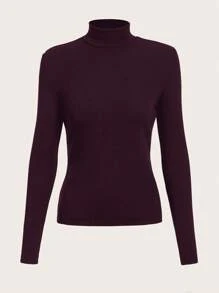 SHEIN BASICS 秋冬季基本款高领修身长袖纯色女式上衣，升级保暖内衬，时尚、休闲、舒适、百搭，不会显得臃肿 - 酒紅色 - 查看 8