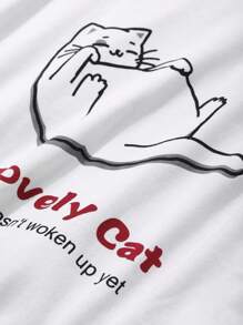 DAZY Cat Print Loose T-Shirt & Straight Sleepwear Pants Set - White - View 7