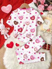 SHEIN Leap Crew Tween Girls Casual Cartoon Donut & Heart Print Short Sleeve T-Shirt & Pants 2 Pieces Loungewear Set - Multicolor - View 2