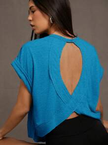 SHEIN Essnce Women Solid Color Round Neck Short Sleeve Hollow-Out Casual T-Shirt