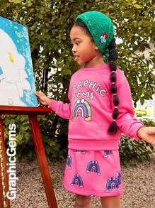Bộ 2 món/Bộ áo nỉ in hình cầu vồng hoạt hình cho bé gái và chân váy in toàn thân - Màu Hồng Tươi - Xem 5