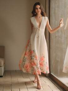 Anewsta Französischer Stil Tiefer V-Ausschnitt Positionsdruck Ärmellos Midi Blumenkleid für Frauen