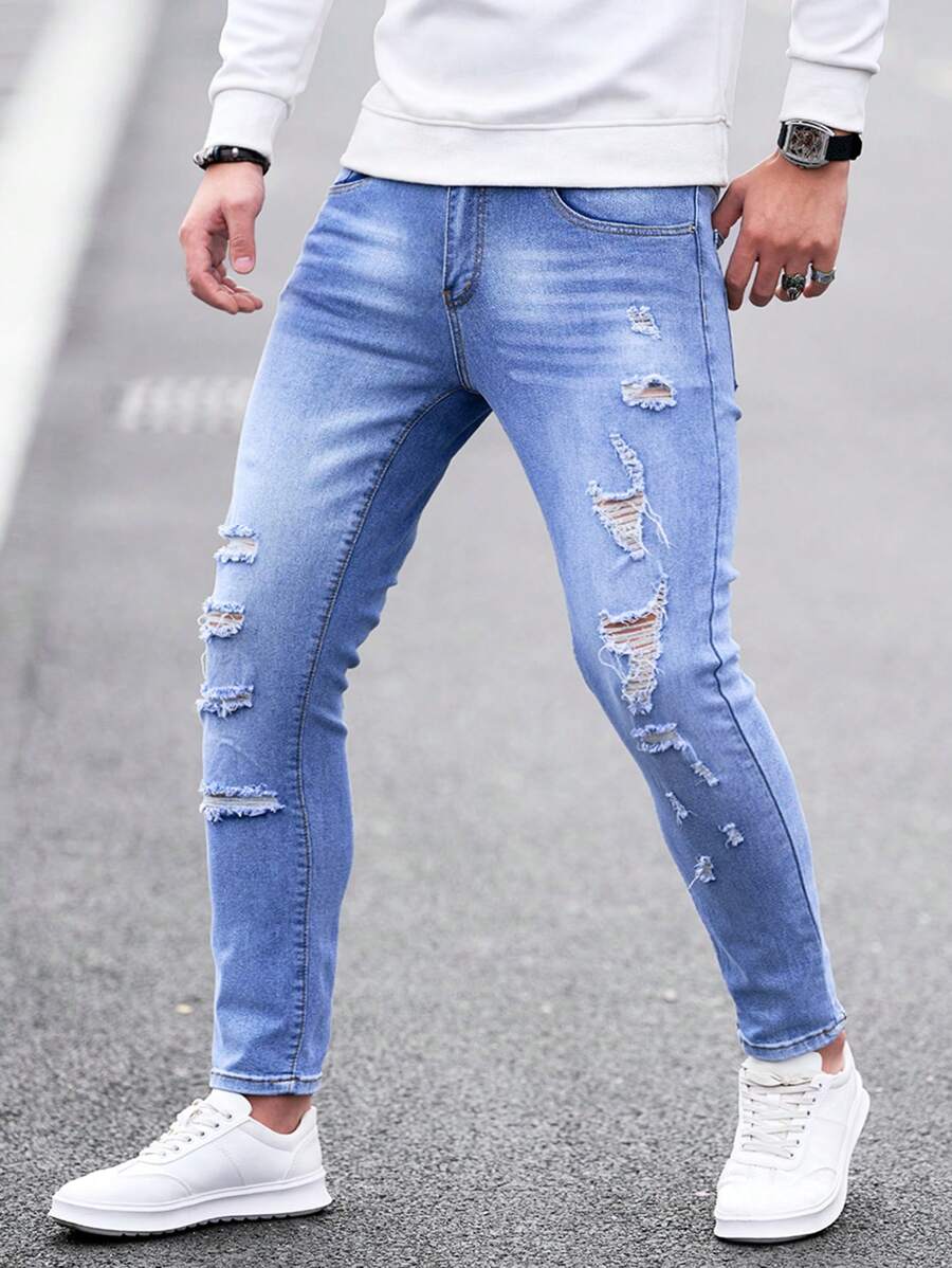 Manfinity Homme 男式破洞口袋简约休闲紧身牛仔裤 - 淺色水洗藍 - 查看 1