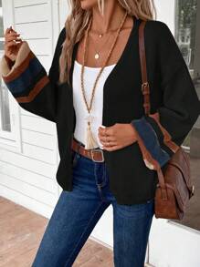 EMERY ROSE Women's Solid Color Spliced Long Sleeve Cardigan, Casual Everyday Wear,Knitted Sweater In Fall/Winter - Multicolor - View 5