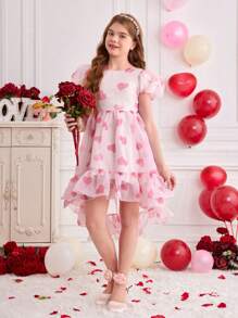 1 件 Tween 女童泡泡袖雪纺心形印花不对称连衣裙，适合春夏季生日、派对 - 白色 - 查看 3