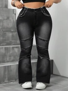 SHEIN CURVE+ Plus Size Casual Vintage Washed Fringe Skinny Flare Jeans - Black - View 1