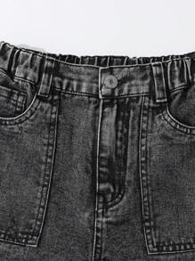 SHEIN 大童弹力腰复古街头时尚多口袋侧面 D 形环装饰黑色牛仔工装裤 - 黑色 - 查看 7