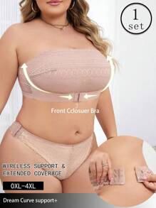 2 Stücke Spitze BH-Set mit Trägerlosen, Drahtlosen, Groß Größen Lingerie - Aprikosenfarben - Übersicht 6