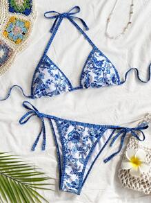 Soleia 2 piezas Conjunto de bikini estampado de vacaciones para mujer
