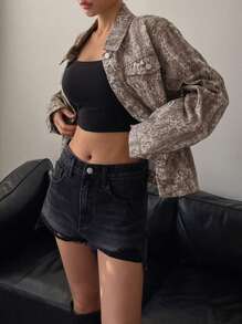 DAZY Women's Stylish Animal Print Denim Short Jacket - Brown - View 6