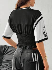 Coolane Tween 女童秋季 Y2K 运动数字图案足球球衣褶皱 T 恤 - 黑色 - 查看 2