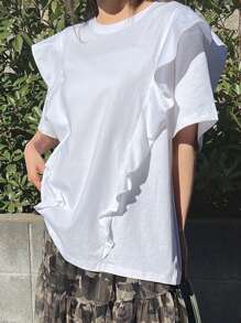 TrendSteals Women's Layered Ruffle Trim Loose T-Shirt - White - View 2
