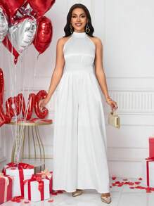 SHEIN Unity Mono elegante sin mangas de pierna ancha y cuello halter de unicolor para el Día de San Valentín para mujeres - Blanco - Ver 1
