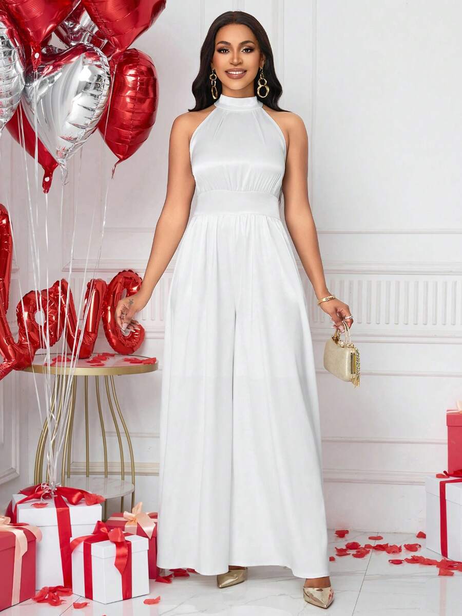 SHEIN Unity Mono elegante sin mangas de pierna ancha y cuello halter de unicolor para el Día de San Valentín para mujeres - Blanco - Ver 1