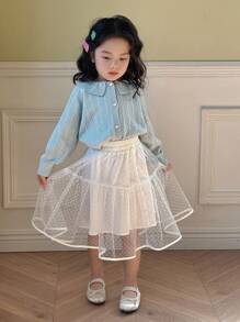 Dazy Kids 2 chiếc/Bộ áo cardigan dài tay phong cách vintage đục lỗ và chân váy mini đa năng cho bé gái, xuân/hè - Màu xanh lam - Xem 5