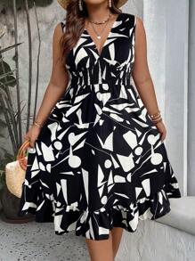 Breezaya Plus Size Patchwork Pattern Shirred Sleeveless Waist Asymmetrical Drawstring Ruffle Trim Below Knee Elegant Commuter Dress - Multicolor - View 4