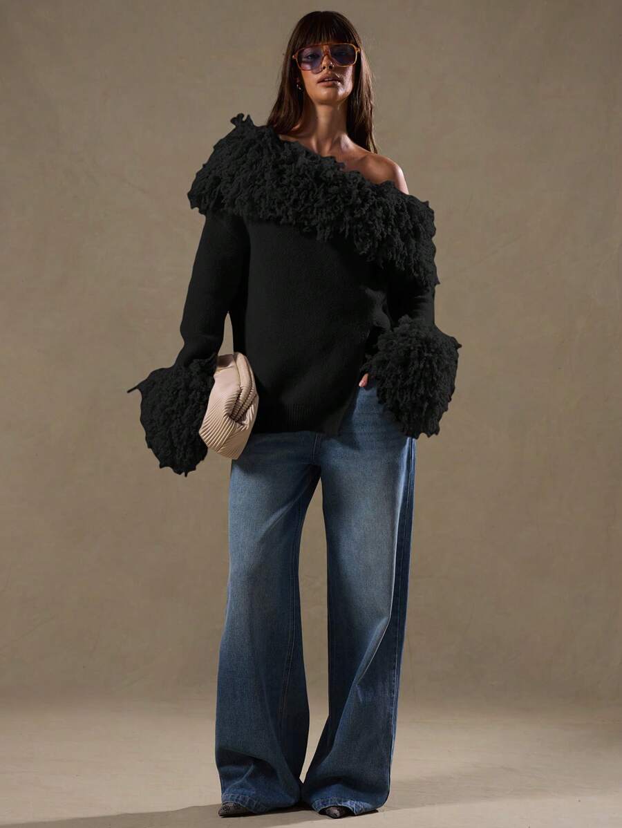 MUSERA Textured Shaggy Knit Asymmetrical Neck Jumper Spring Y2K 90's Casual Cute Festival Holiday Summer - Black - View 1