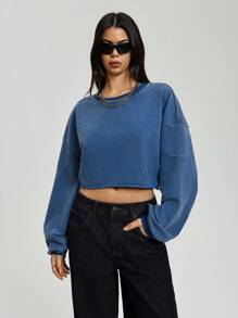 StreetHx Sudadera suelta de corte caja de cuello redondo de unicolor y lavada para mujer