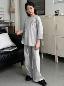 DAZY 2pcs/Set Tween Girl Round Neck Letter Print Short Sleeve T-Shirt + Pants Spring/Summer Outfit - Grey - View 8
