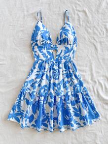 Soleia 女士节日花卉印花细肩带露背 A 字型迷你连衣裙 - 淺藍色 - 查看 7