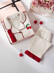 Baby Girl 2pcs/Set Casual Cherry Embroidered Long Sleeve Pajama Set