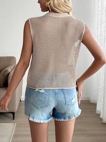 Calvaya New Stylish Crochet Hollow Out Sleeveless Vest Solid Color Versatile Round Neck Women Waistcoat