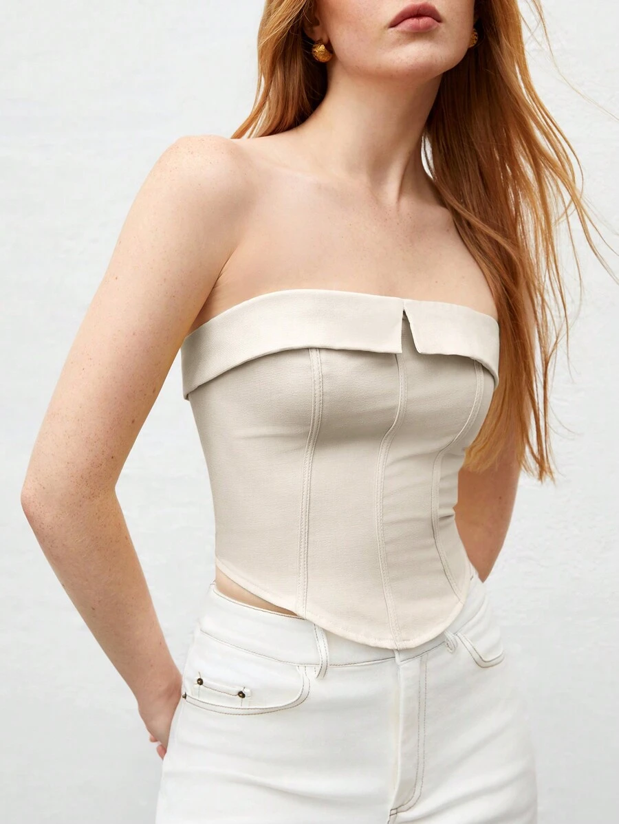 BizChic 女士折叠细节抹胸上衣，适合都市商务、休闲通勤和日常穿着，春夏款 - 杏色 - 查看 1