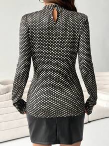SHEIN Clasi Women Stand Collar Long Sleeve Casual T-Shirt With Mesh Patchwork, Random Prints