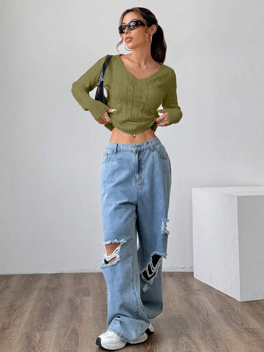 Flirla Women's V-Neck Cable Knit Sweater, Versatile College Style, Autumn/Winter Knit Pullover Fall Sweater - Green - View 1