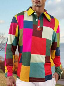 Men's Casual Loose Plaid Print Long Sleeve POLO Shirt, Autumn