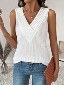 SHEIN LUNE Parte superior tipo tanque de mujer casual y suelta con cuello en V, de tela jacquard texturizada blanca, para primavera/verano