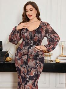 Modelyn Plus Size Women Square Neck Lantern Sleeve Tie-Dye Elastic Net Printed Fitted Mermaid Dress - Multicolor - View 3