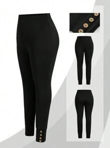 Mulvari Leggings slim fit de couleur unie grande taille, pour un usage casual quotidien - Noir - Voir 1