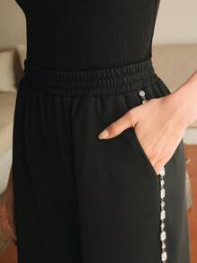 Anewsta Women's Rib-Knit Sweatpants With Chain Side Embellishment Details, Mid-Waist, Straight Leg Graduation,Back To School Outfits,Graduation,Teacher Outfits For Women,Back To School - Black - View 3