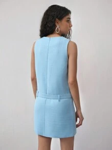 MOTF STUDIO LOW WAIST BELTED FRONT BUTTON MINI DRESS, SLEEVELESS DRESS, LIGHTWEIGHT TWEED - Blue - View 6