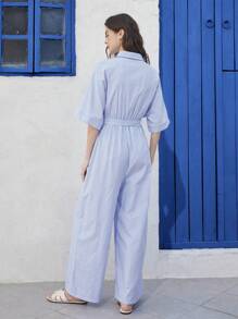 EMERY ROSE Women Striped Batwing Sleeve Casual Wide Leg Shirt Jumpsuit - Blue and White - View 2