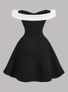 SHEIN 少女黑白露肩复古宫廷风迷你连衣裙、派对礼服、圣诞礼服、春夏秋冬、新年前夜礼服 - 黑與白 - 查看 2