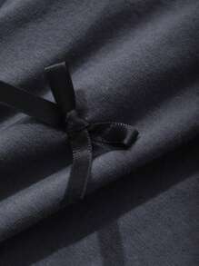 FRIFUL Women's Casual Grey Knitted Long T-Shirt With Round Neck, Short Sleeves, And Contrast Mesh Bow Details - Grey - View 3